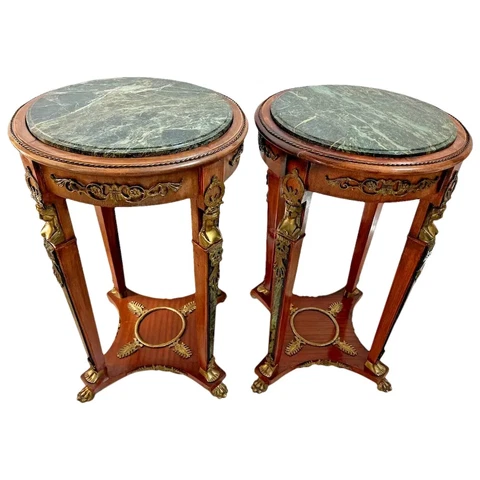 Gorgeous Antique Round Tables Plant stands Matching set Green Marble leg trim Cover