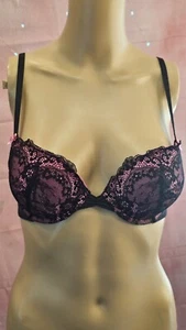 Betsey Johnson Intimates Black/pink Mesh Push Up Bra Sz 34B - Picture 1 of 5