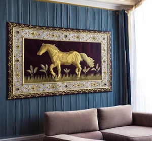 Tapiz de pared de caballo Zardosi de alambre dorado de 5'x3' exquisito hogar de inspiración persa - Imagen 1 de 6