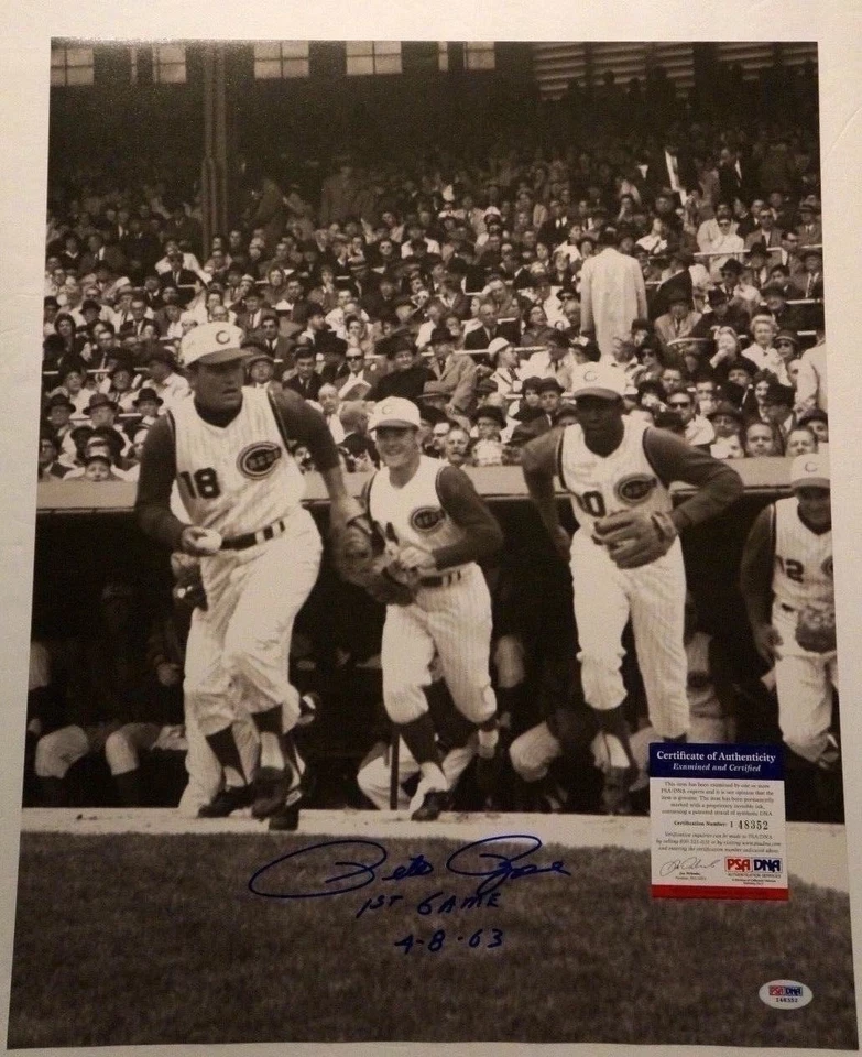 PETE ROSE Signed 16x20 "1st Game 4-8-63" Reds Auto Photo PSA/DNA COA Autograph - Image 1 of 2