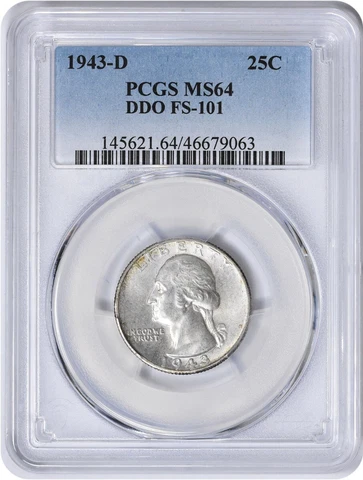 1943-D Washington Quarter DDO FS-101 MS64 PCGS Cover
