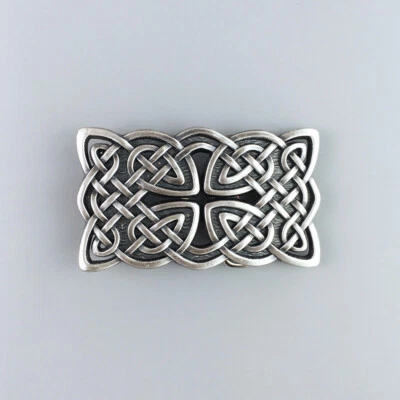 Винтажная посеребренная прямоугольная кельтская плетеная пряжка для ремня с крестом - Изображение 1 из 4