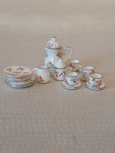 Dollhouse Cherry Tea Pot Set Miniature Kitchen Dining Gold Edges 17 pcs - Picture 1 of 2