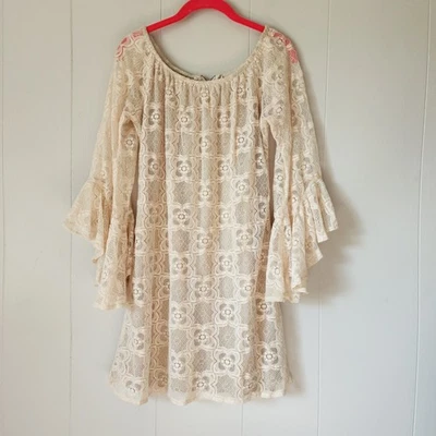 Judith March Boho Cottagecore Bell Sleeve Off Shoulder Lace Mini Dress Medium  - Image 1 of 4