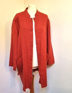 Tahari Linen Jacket Size L Maroon Brown Mandarin Collar Oversized Pockets - Picture 1 of 12