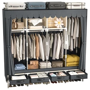 Large Portable Wardrobe Closet with 4 Hanging Rods and Drawers, Grey Metal St... - Picture 1 of 7