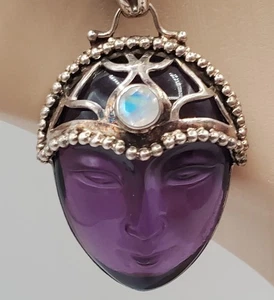 925 Sajen Carved Amethyst w Moonstone Pendant 30in Sterling Silver Chain - Picture 1 of 23