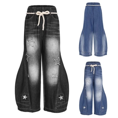 Frauen Denim Lose Jeans Lang Hose Clubwear Sternen-Patchwork Streetwear Baggy - Bild 1 von 4