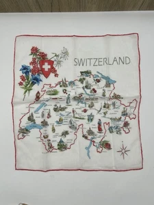 Vintage Switzerland map ladies' Handkerchief 12"x12” Souvenir Tourist Red Floral - Picture 1 of 2