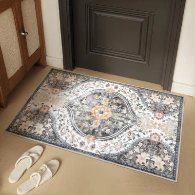 Non-Slip Carpet Floor Area Rug Decorative Accent Mat, Grey Cream Floral 20 x 32 - Image 1 of 4