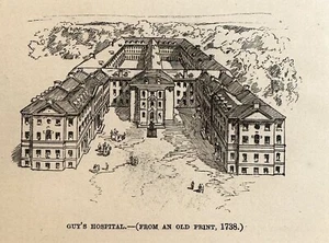 1893 Guy’s Hospital Building, 1738 Antique Magazine Wood Engraving - Picture 1 of 1