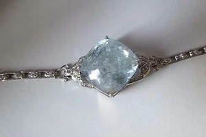 Huge Estate Natural 44 ct aquamarine .5 ct Diamond & Platinum bracelet bangle - Picture 1 of 12