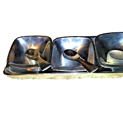 Pottery Barn Barona Aluminum Platter & 3 Serving Bowls w/spoons - Image 1 of 4