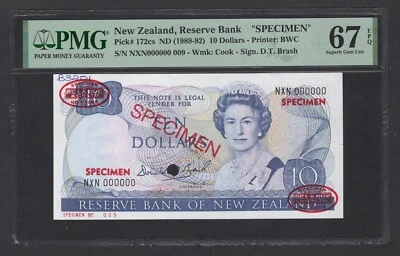 New Zealand 10 Dollars ND(1989-92) P172cs "Specimen N.009" UNC Grade 67 Top Pop - Image 1 of 2