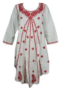 Boho Gypsy Hippy Loose Tank Dress Red Floral Embroidered Uneven Hem Sundress L