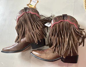 Smoky Bergstiefel Mädchen Leder braun Fransen rosa Akzent Cowgirl 2 Jugendliche neu - Bild 1 von 5