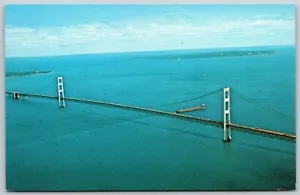 Postcard Michigan Mackinac Bridge Aerial View - Picture 1 of 2