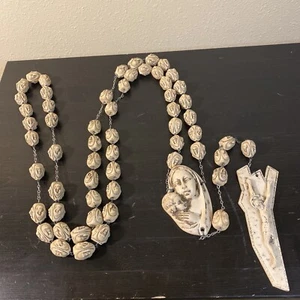 Vintage Wall Art Hanging Rosary Resin Carved Jesus Mary Faces On Beads 64" - Picture 1 of 7