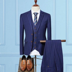 Mens Two Buttons Striped Coat Formal Dress Jacket Blazer Pants Vest 3pcs Suit sz - Picture 1 of 28