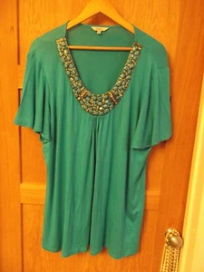 BLUEY AQUA STRETCH TOP HEAVY JEWEL NECK GATHER LOOSE SHORT SLEEVETOP. - Picture 1 of 5
