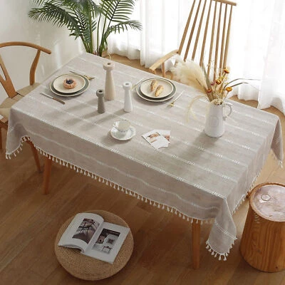 Rustic Stripe Embroidered Tablecloth Dining Kitchen Table Cloth Cover Wedding - Image 1 of 4