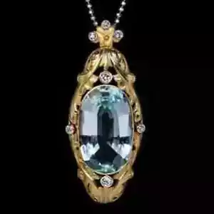 Antiguo colgante de aguamarina de corte ovalado de 3 quilates de oro amarillo de 14 k sobre cadena gratis - Imagen 1 de 4