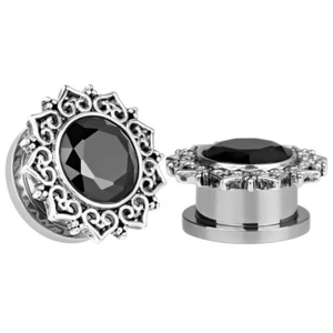 SILVER BLACK GEM HEARTS Ear Plugs Piercing Tunnel Stretchers Jewellery PL177 - Picture 1 of 2