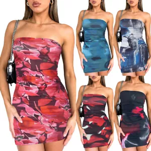 Women's Boob Tube Dress Strapless Bodycon Mini Party Floral Dresses ❃ - Picture 1 of 31