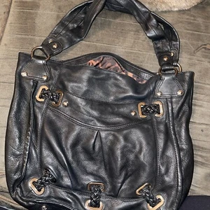 B Makowsky Black Leather Double Handle Slouchy Hobo Bag Leopard Print Lining - Picture 1 of 6