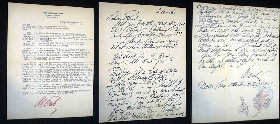 1944 TWO LETTERS SIGNED ART JAMES MONTGOMERY FLAGG SELF PORTRAIT CARTOON - Image 1 of 1