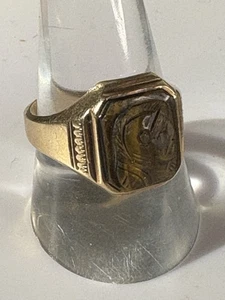 Vtg Art Deco 10k Gold Men's Tigers Eye Roman Centurion Intaglio Ring Sz. 9.5 - Picture 1 of 15