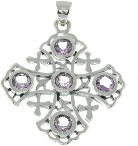 Ciondolo croce di Gerusalemme in argento sterling 925 con 5 pietre preziose... - Immagine 1 di 1