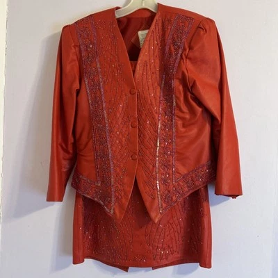 Red leather beaded women’s suit size medium jacket and skirt - Image 1 of 4
