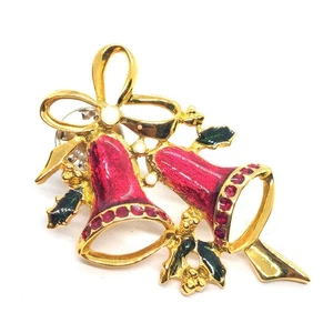 Christmas Bells Red With Gold Trim And Holly Holiday Winter Enamel Lapel Pin VTG - Picture 1 of 3