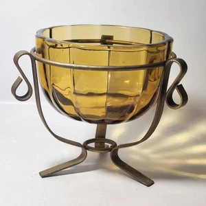 Thick Amber Glass Compote 2 Pc Metal Footed Pedestal Candy Dish Ribbed 6.5 inch - Picture 1 of 10