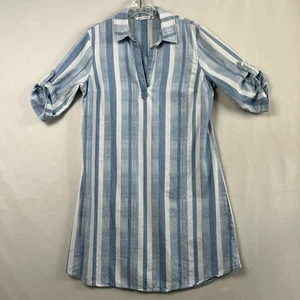 Given Kale Shift Dress Womens Medium Blue White Striped Chambray Popover - Picture 1 of 13