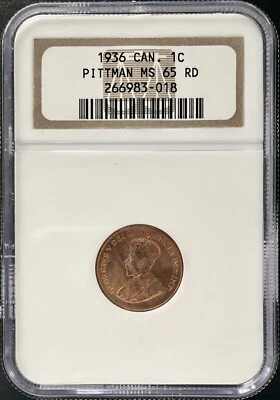 1936 Canada 1 Cent Pittman KEY DATE NGC MS-65 Red – KM 28 George V - Image 1 of 3