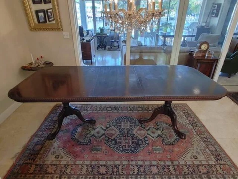 VINTAGE CHIPPENDALE-STYLE DOUBLE PEDESTAL WALNUT DINING TABLE Cover