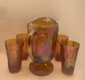 Vintage Indiana Amber Carnival Glass Harvest Grape Pitcher with 4 Glasses Set - Picture 1 of 20