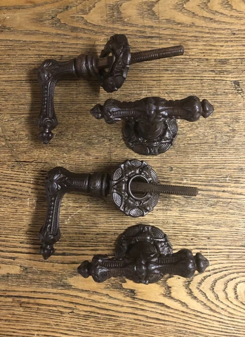 Beautiful Antique Cast Iron French Threaded Spindle Door Set, Restore Cover