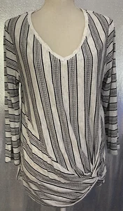Dressbarn Top Damen Gr. L weiß schwarz gestreift V-Ausschnitt Twist Saum Shirt Neu mit Etikett - Bild 1 von 8