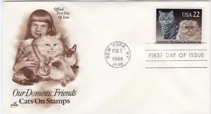 USPS FDC #2375 1988 22¢ American Shorthair and Persian Cats ArtCraft ST2453 - Picture 1 of 2
