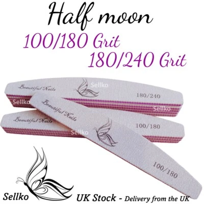 Nail Files 100/180/240 Grit Half Moon Emery Board Buffer File Diamond Curve Set - Image 1 of 4