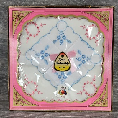 VTG Fruit of the Loom Ladies Hanky’s Set Of 2 Blue Pink Embroidered Scallop NOS - Image 1 of 4