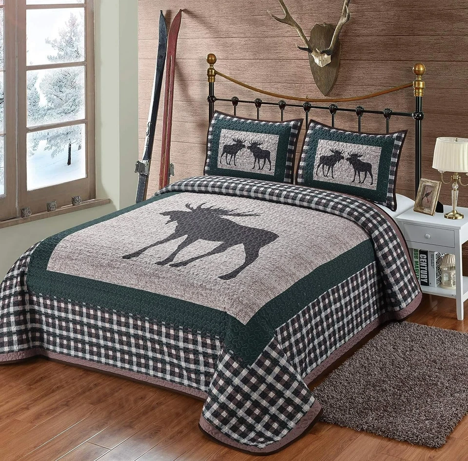 Moose Plaid Blanket 3 PCS Quilted With 2 Pillows Rustic Mountain House Bed Linen - Image 1 of 1