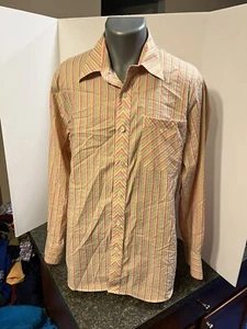 Indigo Palms Men’s LS Button Up Shirt Large Striped Orange Pink Green Poly Blend - Picture 1 of 12