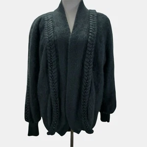 Vintage 80s Fuzzy Angora Knit Jacket Size S/M Black Beaded Braid Trim Open Front - Picture 1 of 9