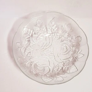 Vintage Clear Glass Etched Roses Leaves Bowl - Picture 1 of 9