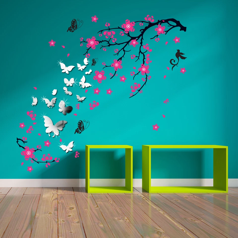 Walplus Wsm2057 14 Mirror Butterflies Plus Ws9034 Pink Blossom Flowers Wall Art