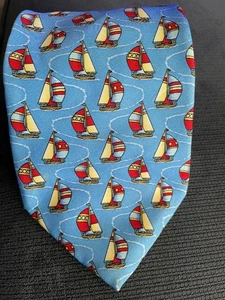 Beaufort The Rack Whimsical Blue Sailboat Print Tie Nautical Cape Cod Theme - Picture 1 of 2